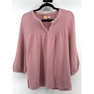 C&C California Smocked Peasant Top 3/4 Sleeves Size L Dusty Pink